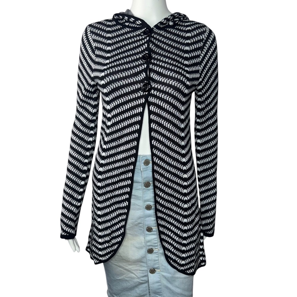 Alice + Olivia Black White Chevron Knit Hooded Cardigan Sweater‎ Jacket Size S